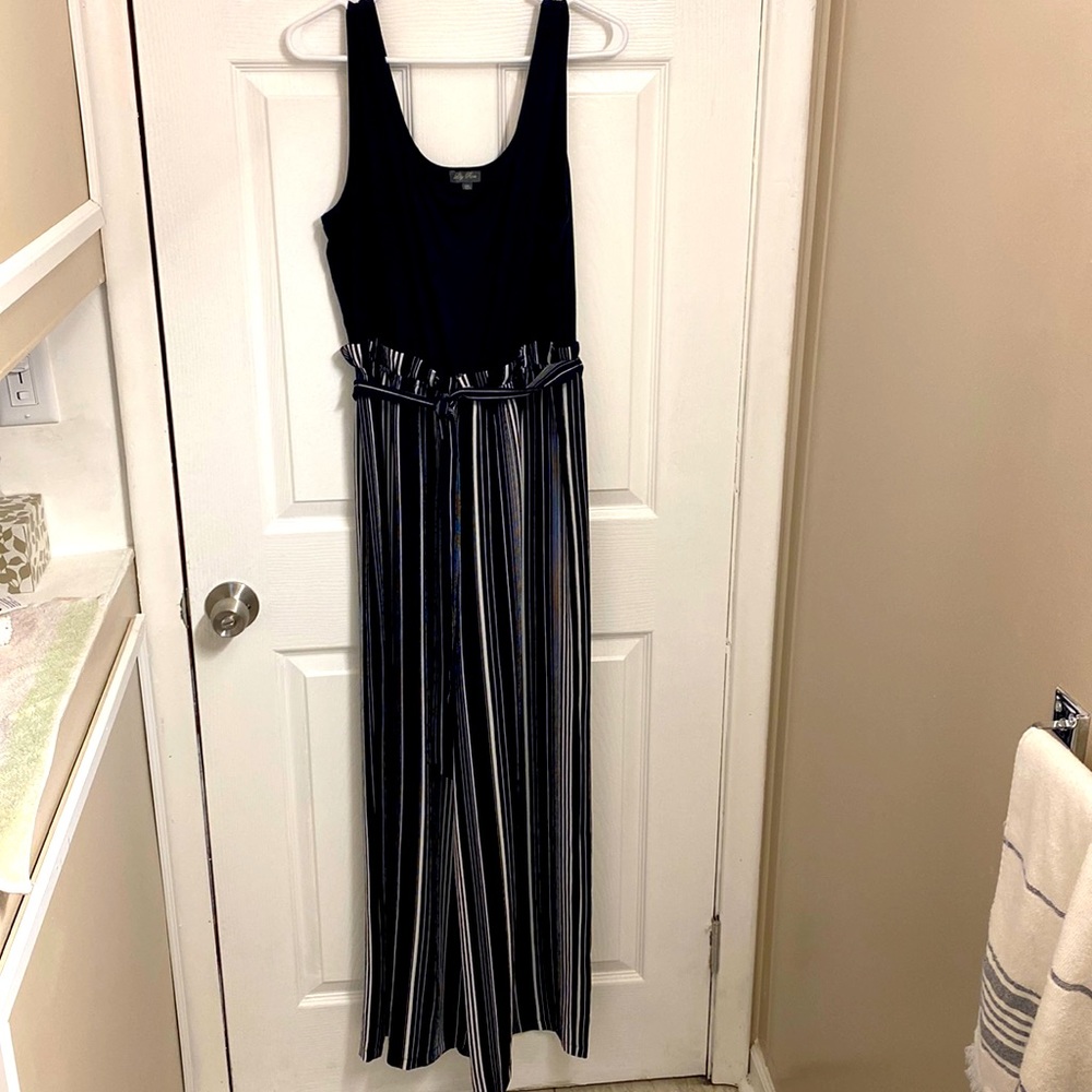 Jumpsuit black tank with attached black and white striped pant w/belt size XXL
